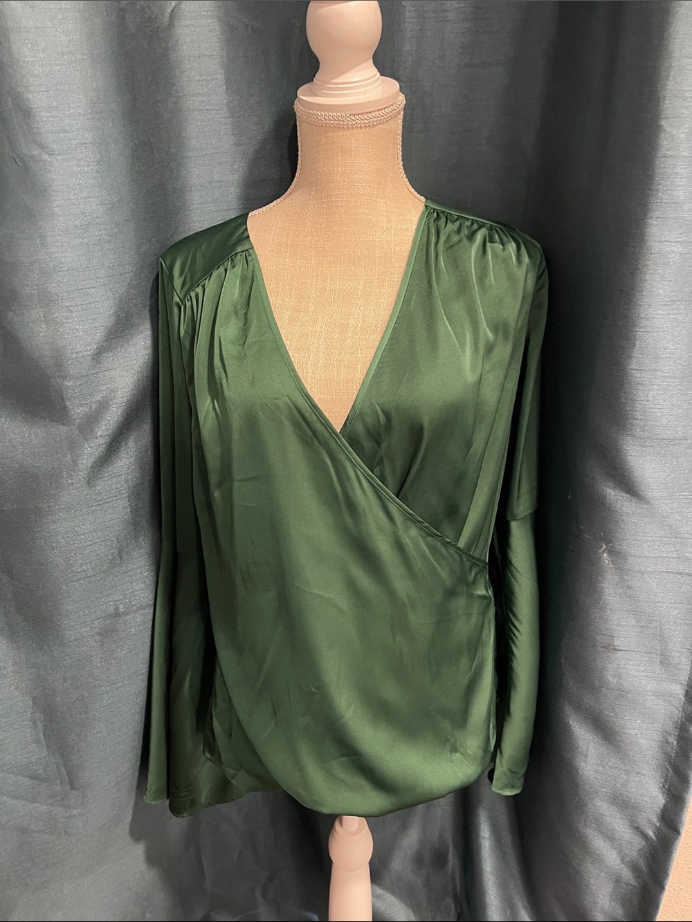 Boston Proper Emerald Green Satin Faux-Wrap Blouse
